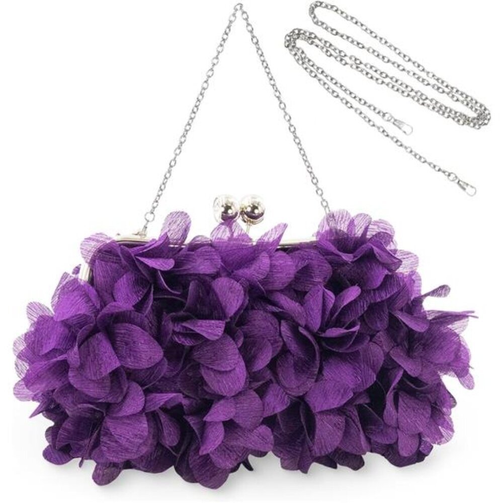 Elegant Purple Evening Purse Small Floral Clutch Bag Detachable Chain Strap